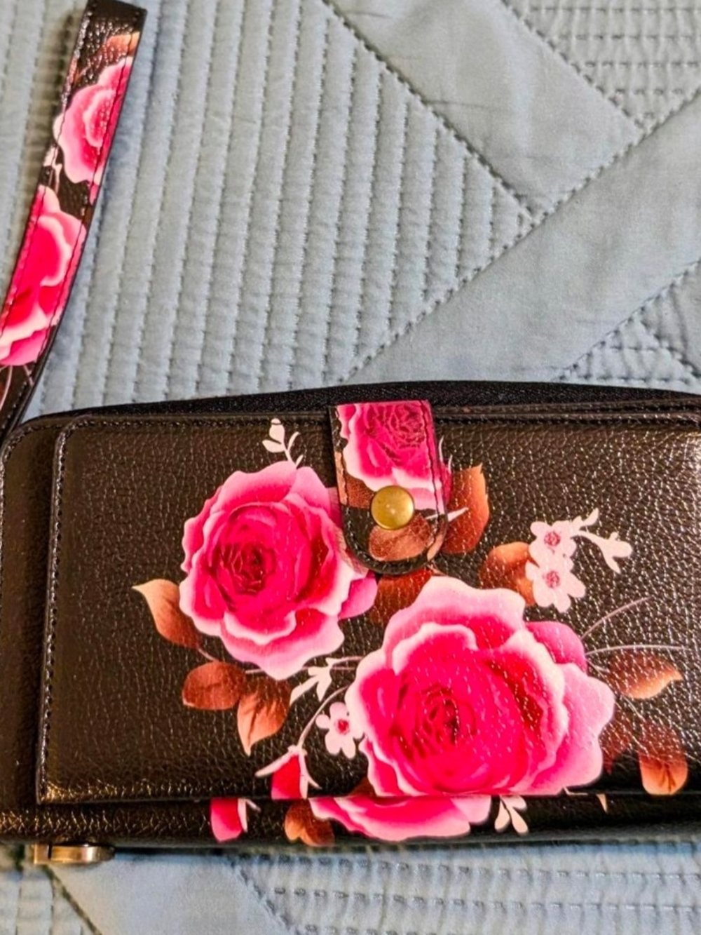 Floral Black Wristlet Wallet with Pink Rose Print